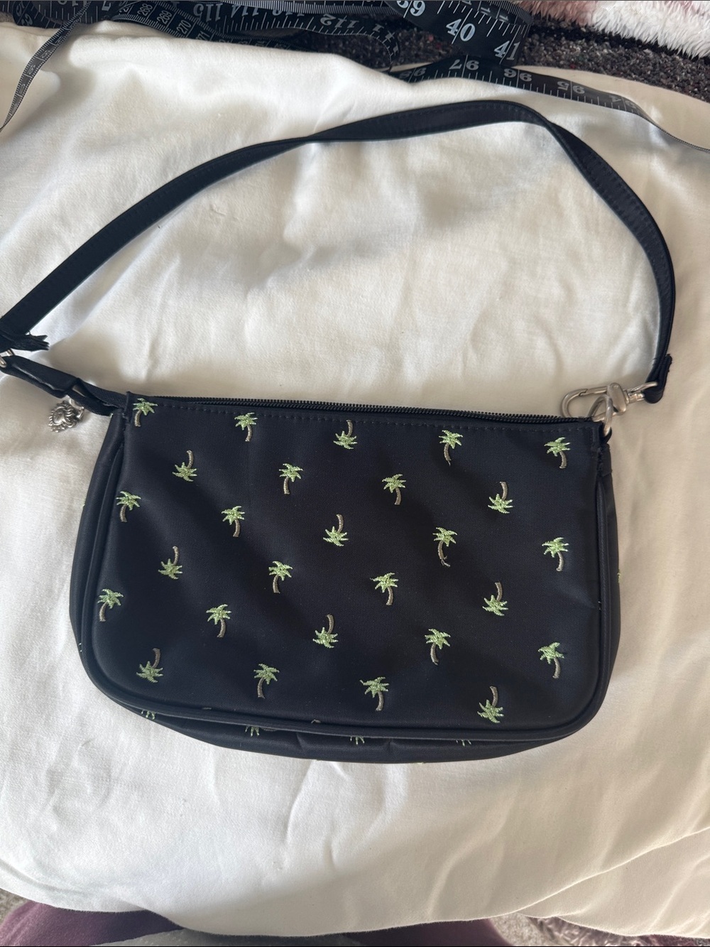 Black Crossbody Bag with Green Palm Tree Embroidery